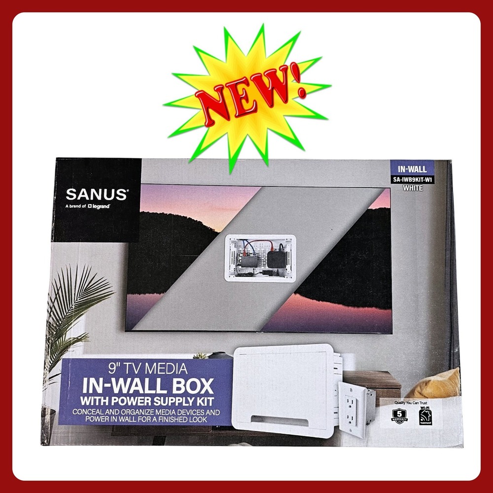 Sanus SA-IWB9KIT-W1 9" TV Media In-Wall Box with Power Supply Kit White New
